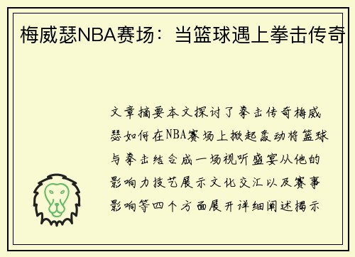 梅威瑟NBA赛场：当篮球遇上拳击传奇